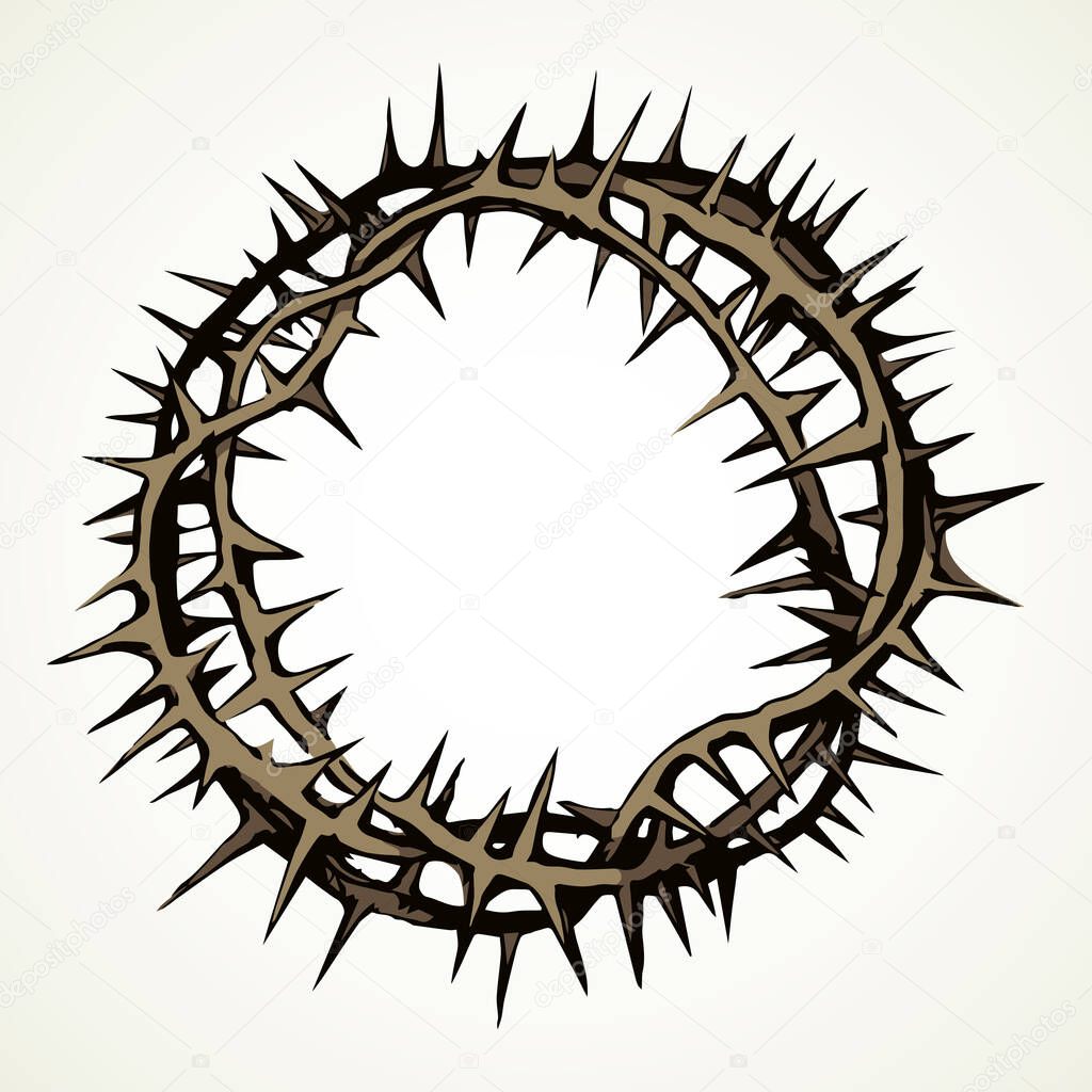 Old circle sharp spike. Redeemer good king head round spine wreath on light text space. Line dark hand drawn abstract humility rescue emblem logo design in art retro engrave print style. Close up view