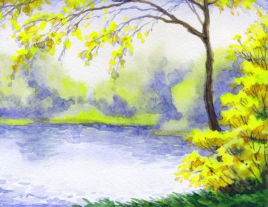 Canlı elle çizilmiş suluboya ressamı temiz hava rüzgarı günbatımı sahnesi çiziyor. Kağıt arkaplan metin alanı. Açık sarı boya sanat eserleri çalılık vadi çimenliği sakin bir günde dere kıyısı manzarası