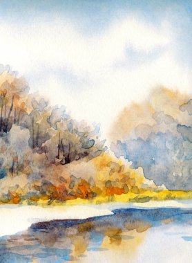 Açık renkli kâğıt arkaplan arkaplanı üzerine suluboya resim çizimi. Sakin mavi çalı çalısı kış günü sahnesi. Buzlu yeni yıl Deresi Deresi Körfezi manzarası