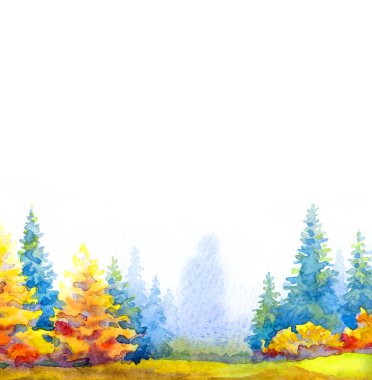 El çizimi suluboya resim beyaz kağıt desenli metin arkaplanı çizimi. Islak sis günü manzaralı bulutlu sis manzarası. Parlak kırmızı turuncu renk yabani tayga otlar kara akrilik Rusya manzarası