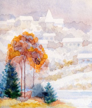 El çizimi sanat eseri serin yeni yıl sis bulutlu gün sahnesi. Açık beyaz kart arka plan eski tarz. Parlak renk eski çalı ormanı buz gibi soğuk sakin gölet göleti kıyısı manzarası