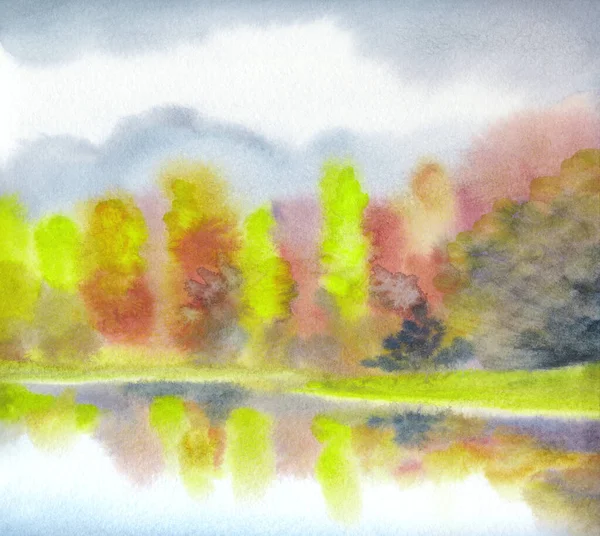 Canlı bir el çizimi akvaryum taze kavak çamı sisi sahne kağıdı metin alanı arkaplanı. Parlak kırmızı turuncu el işi çimenleri çalıları çalıları serin hava günü manzaralı dere kıyısı kırsal manzarası