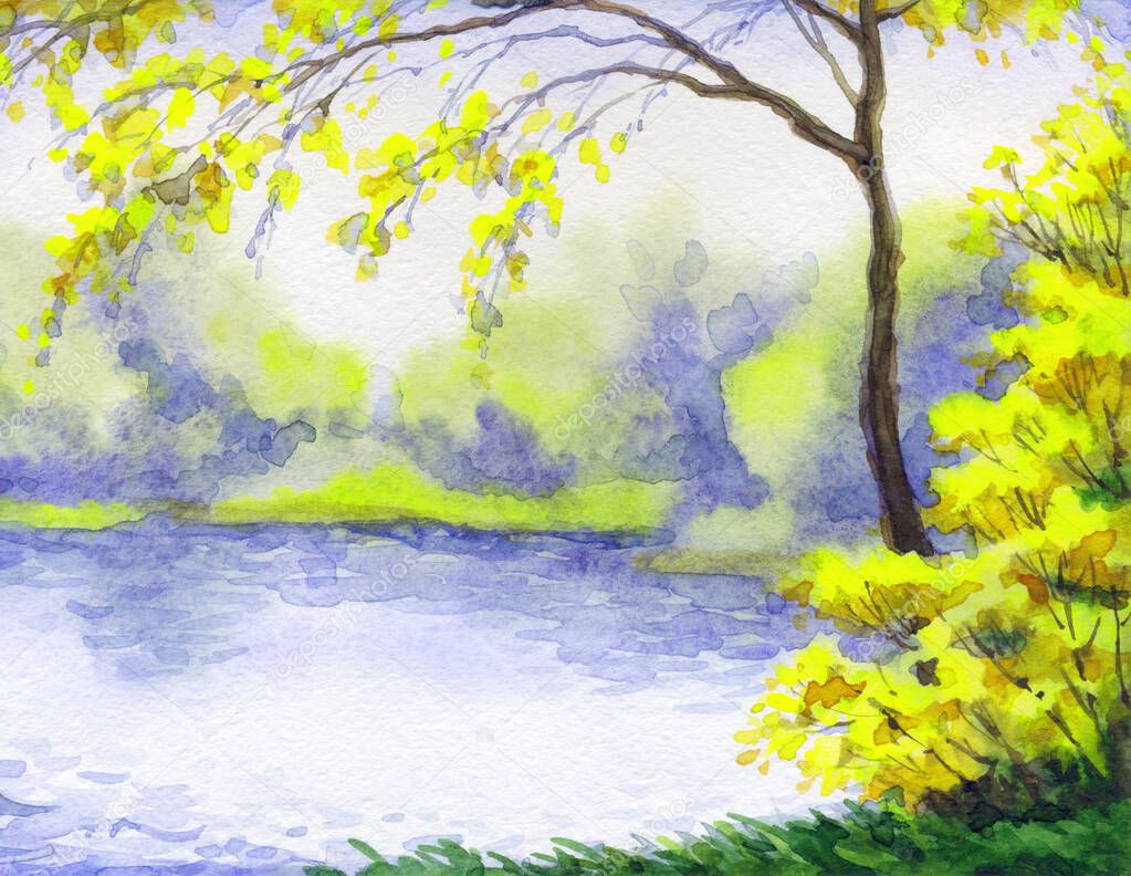 Vibrant hand drawn watercolour artist sketch fresh air wind sundown scene. Paper backdrop text space. Light yellow color paint artwork thicket shrub valley lawn on calm day scenic brook bay bank view
