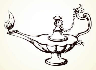 Yakın plan, beyaz masa boşluğunda eski, kilden yapılmış gazyağı kampı şişesi. Siyah mürekkep çizilmiş el, altın kutsal peri efsanesi sihirli alladin rüya, lütfen logo işareti, kutsal çizgi film stili.