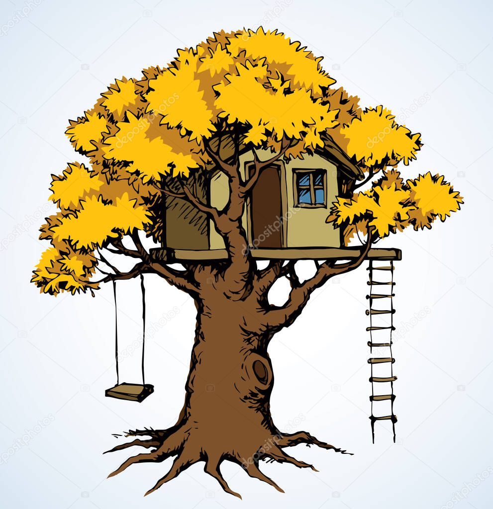 Cute old rural spring plant foliage rope small toy outside camp club terrace on white sky. Black ink hand drawn funny little line logo icon sign symbol picture design sketch in retro art doodle style