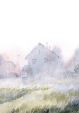 El çizimi suluboya ahır kulübesi açık kağıt metin arkaplanı. Sakin, nemli, sisli, kır ağacı manzaralı, dumanlı, parlak, mavi renkli, geçmişe dönük sanat eserleri.