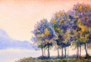 El yapımı parlak pembe suluboya resim çizimi, arka plan kağıdının arka planındaki bulanık manzara. El çizimi açık renkli bulutlu cennet. Sakin Sis Vadisi Parkı Rıhtım Sanat Manzarası