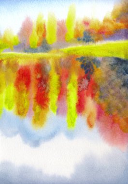 Canlı bir el çizimi akvaryum taze kavak çamı sisi sahne kağıdı metin alanı arkaplanı. Parlak kırmızı turuncu el işi çimenleri çalıları çalıları serin hava günü manzaralı dere kıyısı kırsal manzarası