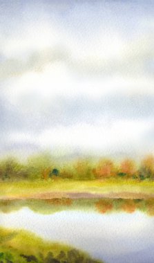 Kağıt zemin üzerinde renkli, neşeli el yapımı suluboya, gri cennette yazı için yer var. Açık yeşil, güneşli çayırların üzerinde canlı beyaz kümülüs. Ufuktaki yemyeşil çalılar açık dereye yansıyor.