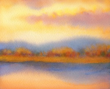 Kağıt zemin üzerinde renkli, neşeli el yapımı suluboya. Turuncu cennette yazı için yer var. Ufuktaki yemyeşil çalılarla aydınlık güneş ışığının üzerindeki parlak mor kümülüs berrak akıntıya yansıyor.