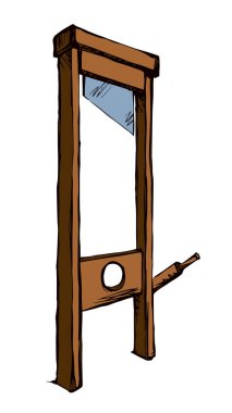 Yakın plan antik zalim balta saplama deliği. Siyah el çizilmiş, korku baltası nesne pictogram logo tasarımı. Antik sanat gravür karalama çizgisi baskı stili. Beyaz kağıt metin alanını kapat