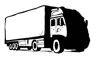 Diesel motor platformu boş kurye beyaz yol metin alanında ağırlıklı ikmal görüntüsü taşır. Anahat siyah mürekkep el çizilmiş eski tekerlek sürücü logosu pictogram amblem tasarımı modern sanat karalama tarzı