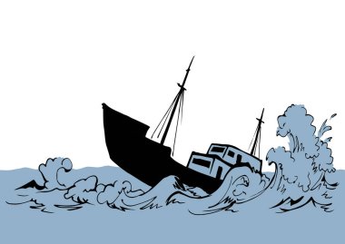 Antik ahşap paslı büyük fırkateyn alt direği beyaz gökyüzü metin uzayında kalır. Ana hatları siyah el çizilmiş derin denizcilik batık rüzgar sorun galleon logo işaret simgesi çizimi sanat retro doodle çizgi çizgi tarzı