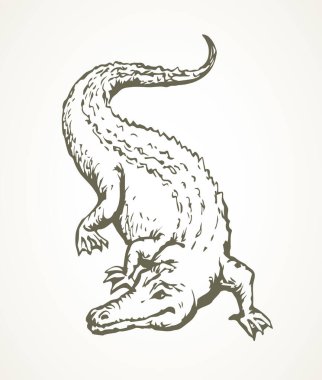 Squamate Nile eski kaba pullu timsah kum üzerinde. Koyu siyah mürekkep el çizimi hayvanat bahçesi logosu amblemi resim tasarımı retro sanat karikatürü karikatür baskı stili kağıt metin alanı üzerine