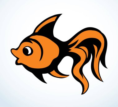 Açık deniz metin arkaplanındaki küçük vahşi terracotta carpio. Serbest çizgi siyah mürekkep el çizimi yaban hayatı piktogram amblem tasarımı. Retro sanat karalaması kağıt üzerine yazıcı stili kalem. Yakın kenar görünümü