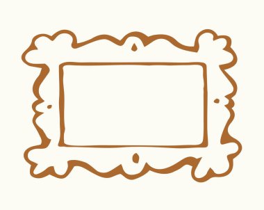 Eski, rustik, yeniden canlandırılmış, boş kare kart. Rokoko deco sanatçısı boş amblem çizilmiş siyah mürekkep boyalı el. Çizgi roman dikdörtgen şeklinde. Kapanış görünümü beyaz duvar metin alanı arkaplanı