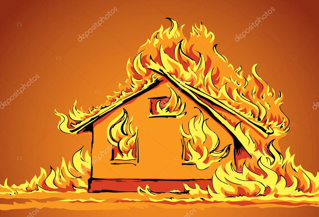 Closeup view red cottage estate exterior tragedy ruin. Light white paper text space. Outline black hand drawn hut property object safe life logo pictogram emblem concept design. Retro art doodle style