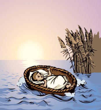 Yakından bakınca, göç, yeni doğmuş İsrail 'li köle erkek insan çığlığı. Nil otu çalılığı gökyüzü sahnesi metin alanı eker. Parlak mavi el çizilmiş kral uyku logosu simgesi tasarımı. Retro kilise karalama çizgisi tarzı