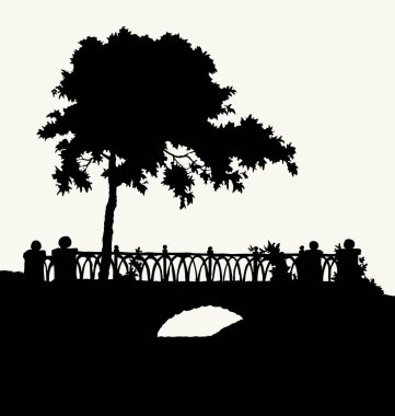 Yaş, kentsel tarih kavisi yolu bahçe deresi bankası sahnesi siyah mürekkep kalem el çizimi resim çerçevesi eskiz çizimi tarzı. Sahne vahşi çalılık ağaç yaprağı bitki beyaz metin arkaplanı görünümü