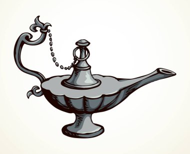 Yakın plan, beyaz masa boşluğunda eski, kilden yapılmış gazyağı kampı şişesi. Siyah mürekkep çizilmiş el, altın kutsal peri efsanesi sihirli alladin rüya, lütfen logo işareti, kutsal çizgi film stili.