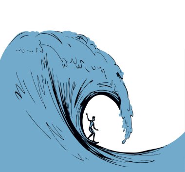 Modern girdap berrak deniz gelgit köpüğü akış manzaralı beyaz gökyüzü metin uzayı. Klasik taslak siyah el çizilmiş eğlenceli güçlü adam çarpışma sahnesi logo konsepti geçmişe dönük sanat çizgisi tasarımı