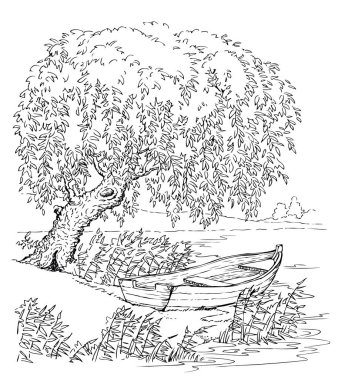 Eskimiş siyah mürekkep kalem el, sükunet ve sükunet dolu bir sonbahar sahnesi, eskimiş sanat karikatür çizgisi tarzı. Kapalı vahşi dere kamışı bitkisi arazi manzaralı beyaz gökyüzü metin arkaplanı