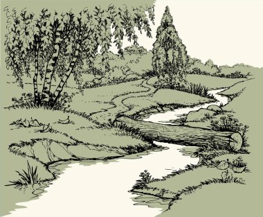 Sakin eski dere nehir kamışları bankanın ahşap toprak yolu sahnesinde siyah mürekkep çizilmiş resim, eski model vintag tarzı. Sessiz çim çalılar bitki gezisi manzaralı beyaz metin arkaplanı