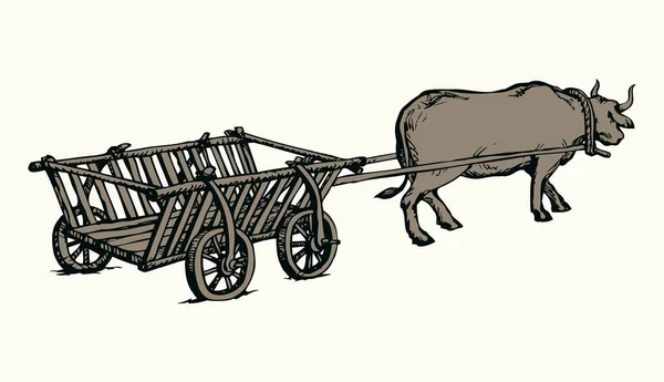 略画黑墨笔画大乡土货物公路上的劳工畜生搬运犁木轮拉车 符号符号历史性的古代亚洲艺术涂鸦线风格白空文字空间 — 图库矢量图片