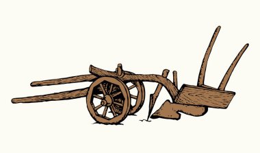 Kapanış çizgisi, siyah mürekkep kalem el işi, büyük at el işi kesimi tahta cihaz. Paslı demir metal bıçaklı öküz işçi logosu. Tarih, antik pas sanatı. Karikatür tarzı beyaz gökyüzü.