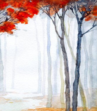 Elle çizilmiş ressam suluboya, sisli kağıt, metin arkaplanı. Siyah renk boya, buzlu kırmızı fırça tarzı sisli kırsal çalılık manzaralı. Sakin eski dal soluk avlu çizim sahne