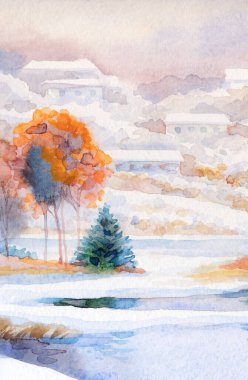 El çizimi sanat eseri serin yeni yıl sis bulutlu gün sahnesi. Açık beyaz kart arka plan eski tarz. Parlak renk eski çalı ormanı buz gibi soğuk sakin gölet göleti kıyısı manzarası