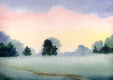 El çizimi açık renkli suluboya resim taslak su deresi deresi, gölet kıyısı yağmur sahnesi, kağıt metin arkaplanı. Pembe renk sakin sonbahar sisi duman çalılık ağaçlık bitki izi kırsal manzara