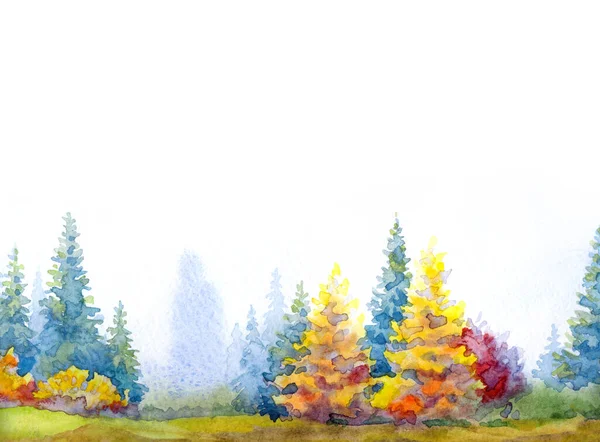 El çizimi suluboya resim beyaz kağıt desenli metin arkaplanı çizimi. Islak sis günü manzaralı bulutlu sis manzarası. Parlak kırmızı turuncu renk yabani tayga otlar kara akrilik Rusya manzarası