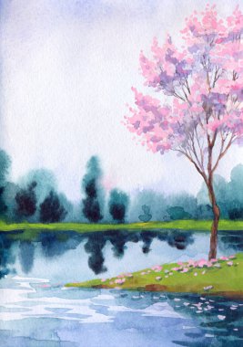 El yapımı, soyut Çinli ressam suluboya resim çizimi kâğıt metin arkaplanındaki bulanık sis sahnesi. El çizimi açık pembe renk kiraz ağacı sakin vadi kırsal manzaralı sanat eserleri