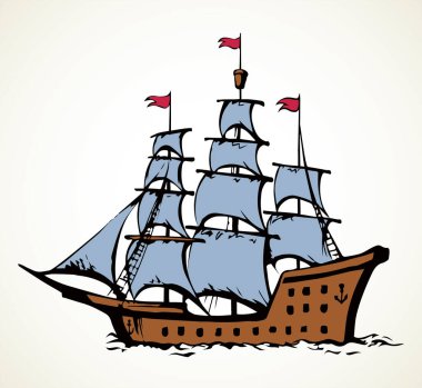 Beyaz gökyüzünde izole edilmiş ahşap uzun çizgi dalga korsan yelken balığı kadırgası resmi. Taslak siyah mürekkep çizili logo amblem resim tasarımı. Kağıt metin alanı üzerinde sanat retro doodle tarzı kalem