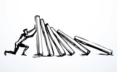 Yakından izole edilmiş yığın kırılma krizi çatışma güvenliği. Çizgi siyah çizim oyun ikonu işaret tablosu tasarımı beyaz sanat karikatür vektör tarzı. 1 erkek işçi liderini kapatın itin, itin, itin, düşmekten kurtarın.