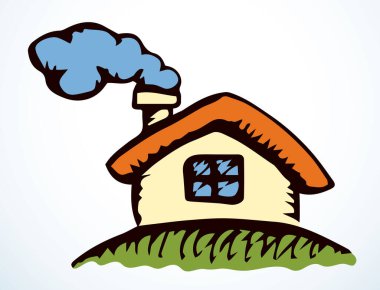 Kapalı kentsel malikane. Hafif kağıt etiketli metin alanı arkaplanı. Serbest hat siyah mürekkep kalem el çizimi küçük aile yerleşim nesnesi tasarımı oluşturur. Retro sanat karalama stili. Görünüm logosu amblemini kapat