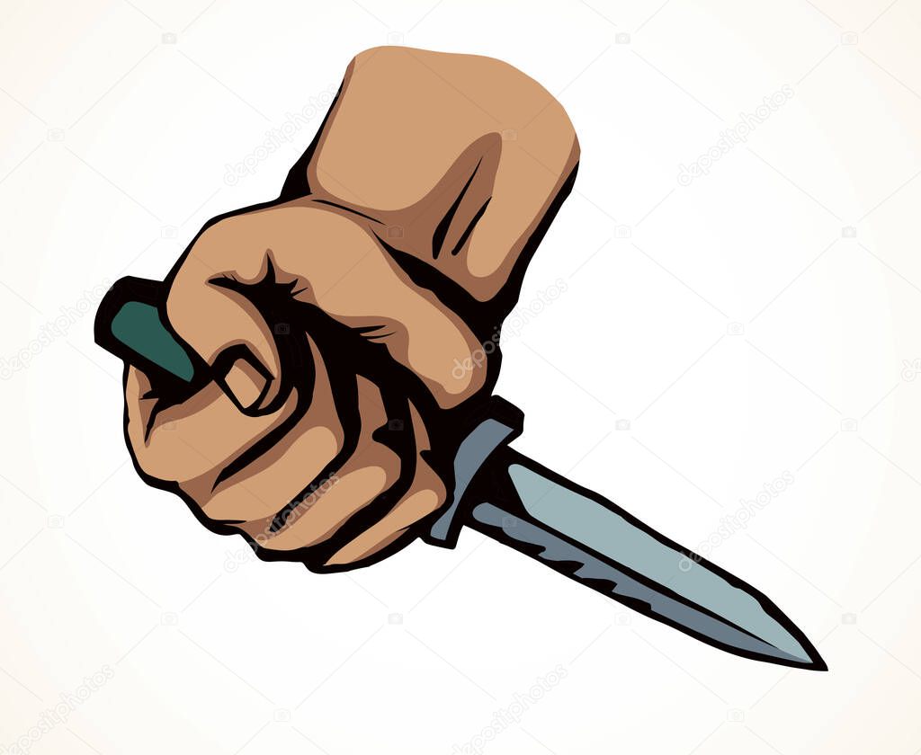 Old male chef cooking big home kitchen cutter threaten rage crazy theft rob mugger assault. Outline drawn police logo line art text space. Closeup view spooky despair psycho abuse menace cook thriller