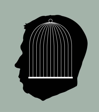 Siyah, boş, üzgün, stres bozukluğu fobisi logo ikon çizgisi çizim çizgisi içindeki bağımlı erkek çalışan profiline bağlıdır. Kapalı, yaşlı kadın, hasta, köle mağduru, işi gücü adalet.