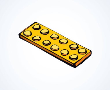 Beyaz kağıt arka planda canlı sarı Meccano yapboz seti. Modern sanat karalaması tarzında parlak turuncu renkli mürekkep çizilmiş tasarım obje amblemi amblemi. Metin için boşluk ile kapat