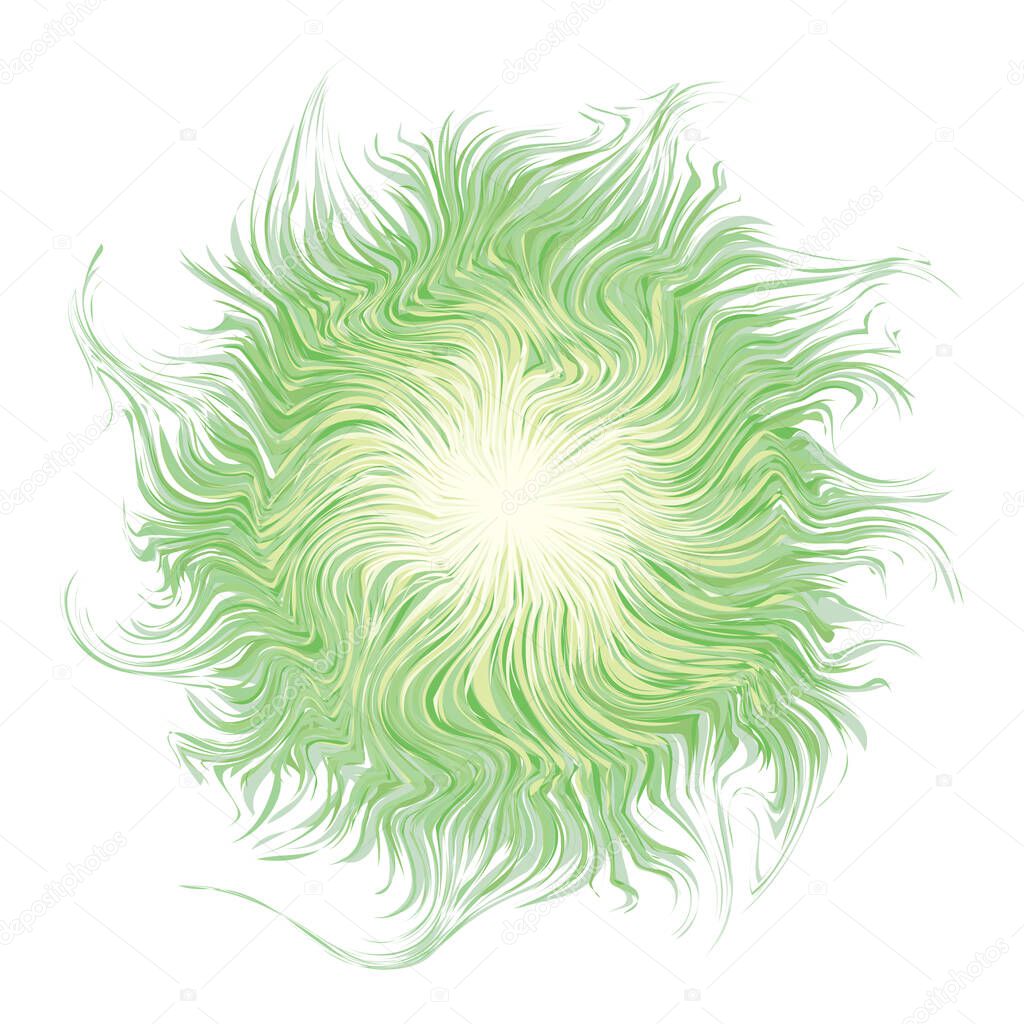 Bright circle fantasy midpoint feather drawing shape design. Big fuzzy magic sphere form effect in modern artist cartoon creative line style. Lime color motley power boom ball symbol on fond for text