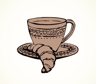 Klasik taze, sıcak, siyah, Brezilya kahvesi kabı beyaz masada. Elle çizilmiş eski bulaşık deterjanı sembolü. Arap çatal bıçak takımı çanak çömlek. Hala hayat çizimi. Metin için uzayda antik karikatür tarzı.