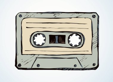 Eski kaset tasarımı beyaz arka planda ayarlandı. Freehand 'ın ana hatları siyah mürekkep. 90' ların pop sesli kaset logosu. Resim çizimi. Yakın görünüm