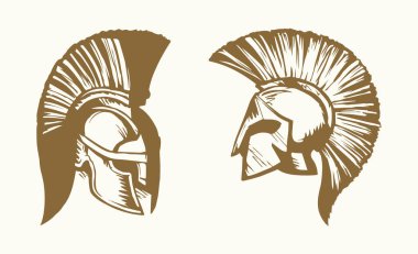 Beyaz arka planda altın Leonidas miğferi geçmiş bir tarih. El yazısı, siyah mürekkep çizimi, resim işareti, karalama, karikatür, kağıt üzerine retro kalem. Metin için boşluk olan kenar görünümünü kapat