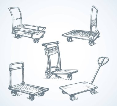 Beyaz platform üzerinde büyük boş bir forklift el arabası bebek sepeti. Siyah çizgili el çizimi gemi vagonu logosu. Resim çizimi. Modern sanat karikatürü çizimi.