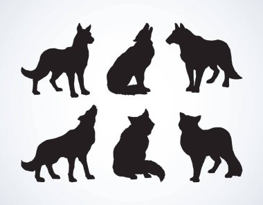 Kürklü gri Canidae lagopus lupus açık gökyüzü zemininde duruyor. Koyu mürekkep, resim logosu çizmiş. Sanat retro baskı tarzında. Metin için boşluk olan kenar görünümünü kapat