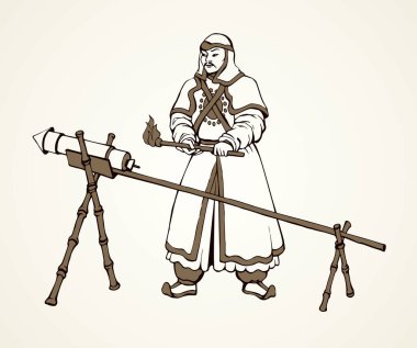 Etnik kumaş şapka üniforması, yay oku ve beyaz kağıtta izole edilmiş barut dinamiti olan yaşlı bir erkek genel kahraman. Çizgi siyah mürekkep el çizimi kuvvet simgesi simgesi çizimi sanat retro çizgi film tarzında