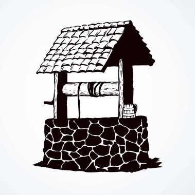 Yeşil köy bahçesinde paslı, iyi kaplanmış kiremit kaplı eski bir taş. Vector monokrom freochrome lineer mürekkep çizilmiş arka plan taslak çizim kağıt üzerine antika kalem gökyüzü üzerine metin için boşluk