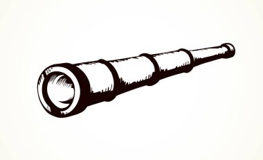 Beyaz arka planda izole edilmiş donanma monoküler tüp tespit cihazı. El yazısı, siyah mürekkep, amblem amblemi, resim çizimi, kağıt boşluğunda eski karalama tarzı kalemle metin için çizilmiş. Yakın görünüm