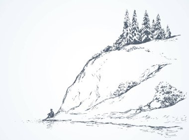 Cliff sakin uzak Alpler sahnesi yüksek nehir kıyısında. Çizgi siyah mürekkep eli, uzayda üzgün yalnız bir genç kızı beyaz gökyüzünde yazı yazmak için çekti. Vahşi Alp kıyısı göleti barış manzaralı sanat eseri karalama stili.